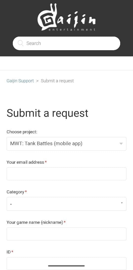 MWT Tank Battles customer support submission page